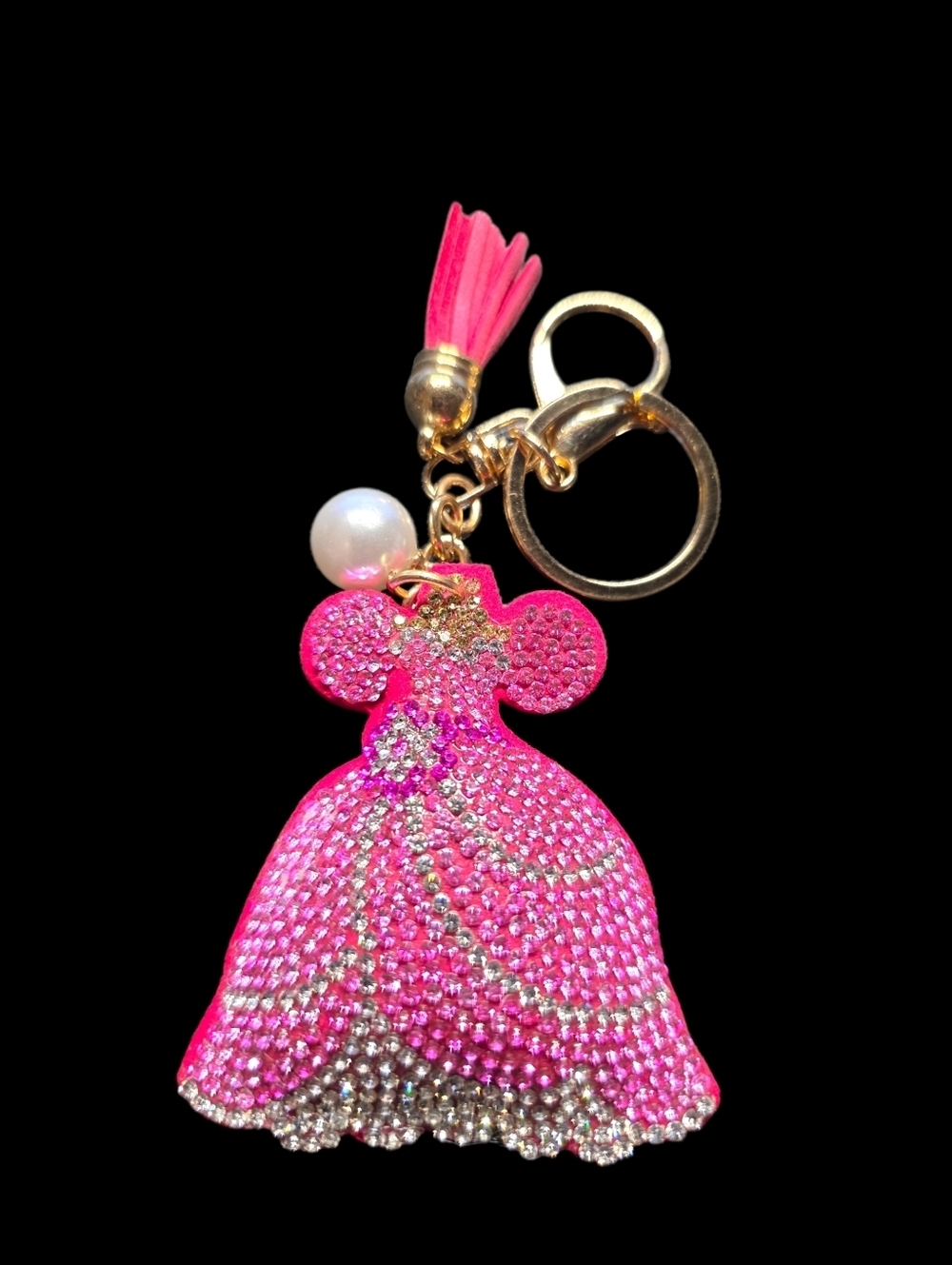Pink Crystal Princess Dress Bag Charm Keychain Charm with Tassel